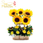CANASTA DE 5 GIRASOLES Y FLORES DE TEMPORADA