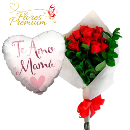 RAMO DE 12 ROSAS IMPORTADAS Y GLOBO METALIZADO