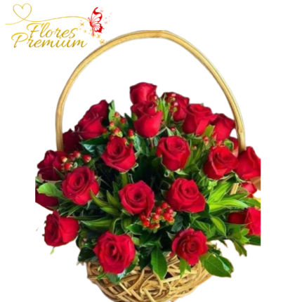 CANASTA REDONDA DE ROSAS Y FOLLAJE