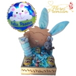 BASE MADERA PASCUA, 4 HUEVOS PASCUA, PELUCHITO, GOMA SLIME Y GLOBITO