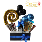 BOX RECTANGULAR DE 1 VINO 375, 1 CAJA BOMBONES, 5 BARRAS DE CHOCOLATE Y GLOBOS