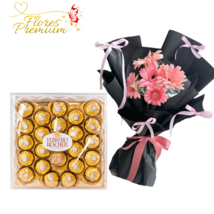 RAMO COQUETTE DE 5 GERBERAS Y FERREROS ROCHER DE 300G