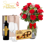 FLORERO DE 8 ROSAS IMPORTADAS, FERRERO 100GRS, VINO 750 Y COPAS