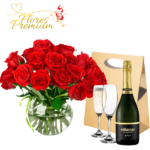 PECERA DE 20 ROSAS, CHAMPAGNE 750ML Y COPAS