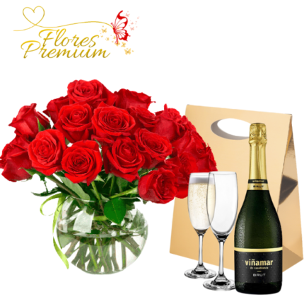 PECERA DE 20 ROSAS, CHAMPAGNE 750ML Y COPAS