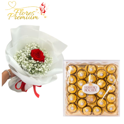 UN PRESENTE PARA UNA PERSONA ESPECIAL 1 ROSA Y  FERREROS ROCHER DE 300G