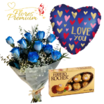 RAMO DE 10 ROSAS AZULES, FERREROS 100GRS Y GLOBO