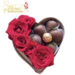 CAJA CORAZON DE 5 ROSAS, 5 FRUTILLAS Y 1 FERRERO