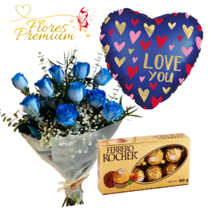 RAMO DE 10 ROSAS AZULES, FERREROS 100GRS Y GLOBO