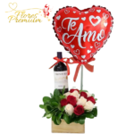 ARREGLO DE 10 ROSAS, VINO Y GLOBO METALIZADO