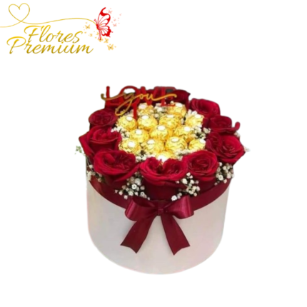 BOX DE 12 ROSAS Y 15 BOMBONES FERREROS ROCHER