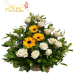 CANASTA DE 14 ROSAS Y 3 GERBERAS