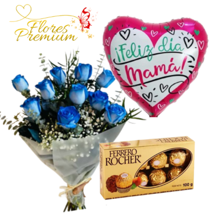 RAMO DE 10 ROSAS AZULES, FERREROS 100GRS Y GLOBO