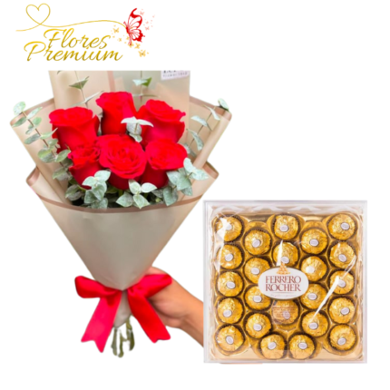 PERFECTO DETALLE RAMO 6 ROSAS Y CAJA DE BOMBONES FERREROS ROCHER 300G