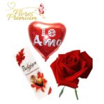 ROSA DECORADA, BOMBONES Y GLOBO