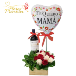 ARREGLO DE 10 ROSAS, VINO Y GLOBO METALIZADO