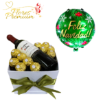 CAJA CUADRADA DE BOMBONES FERREROS Y BOTELLA DE VINO + GLOBO NAVIDEÑO