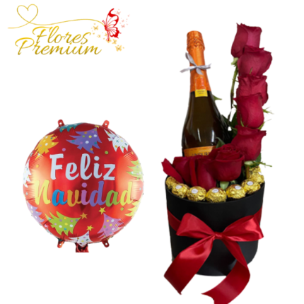 CAJA CILINDRICA DE 8 ROSAS IMPORTADAS, 8 BOMBONES FERREROS ROCHER Y CHAMPAGNE + GLOBO NAVIDEÑO