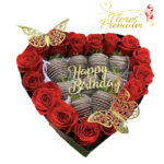 CAJA CORAZON DE 16 ROSAS Y 9 FRUTILLAS