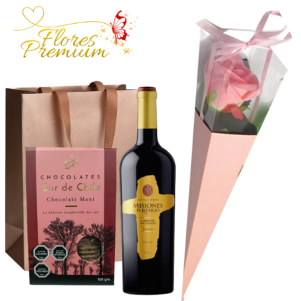 ROSA INDIVIDUAL EN CONO, BOMBONES DEL SUR Y VINO 750ML