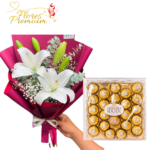 RAMO 2 VARAS DE LILIUM Y DELICIOSA CAJA DE CHOCOLATES FERREROS ROCHER DE 24 UNIDADES