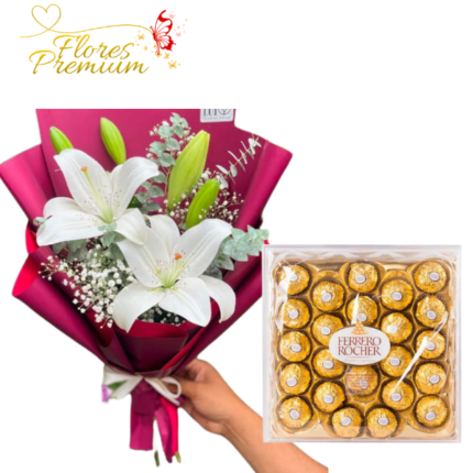 RAMO 2 VARAS DE LILIUM Y DELICIOSA CAJA DE CHOCOLATES FERREROS ROCHER DE 24 UNIDADES