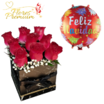 CAJA CUADRADA 9 ROSAS  + GLOBO NAVIDEÑO