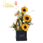 ARREGLO DE 3 GIRASOLES, ESPUMANTE DE 750ML Y FOLLAJE