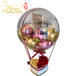 CAJA CORAZON DE 12 ROSAS,18 BOMBONES FERREROS ROCHER Y GLOBO BURBUJA PERSONALIZADO