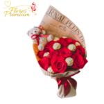 RAMO DE 12 ROSAS 12 BOMBONES FERREROS Y PELUCHITO 11CM