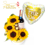 ARREGLO DE 4 GIRASOLES, 2 BOMBONES, VINO DE 750ML Y GLOBO