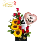 BOX DE 9 ROSAS 3 GIRASOLES Y BOTELLA DE VINO 750ML + GLOBO