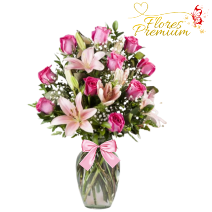 FLORERO DE 10 ROSAS Y LILIUM