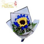 RAMO 12 ROSAS AZULES Y 1 GIRASOL