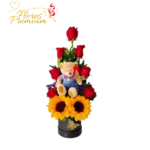 BOX DE 7 ROSAS 2 GIRASOLES Y PELUCHE 25 CM