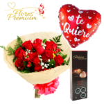 RAMO BOUQUET DE 10 ROSAS, BOMBONES BELGIAN Y GLOBO