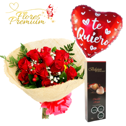 RAMO BOUQUET DE 10 ROSAS, BOMBONES BELGIAN Y GLOBO