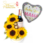 ARREGLO DE 4 GIRASOLES, 2 BOMBONES, VINO DE 750ML Y GLOBO