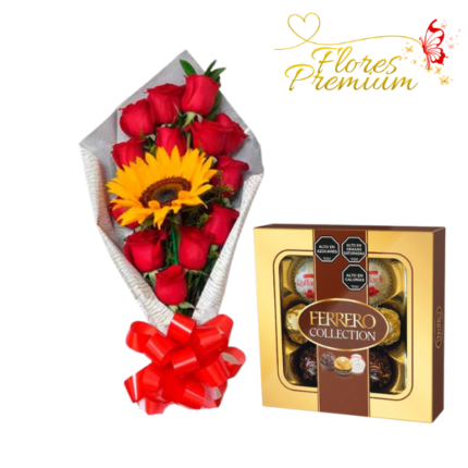 RAMO DE 12 ROSAS EXTENDIDO Y GIRASOL + BOMBONES FERREROS ROCHER