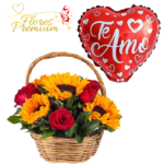 CANASTA DE 4 GIRASOLES, 4 ROSAS Y GLOBO