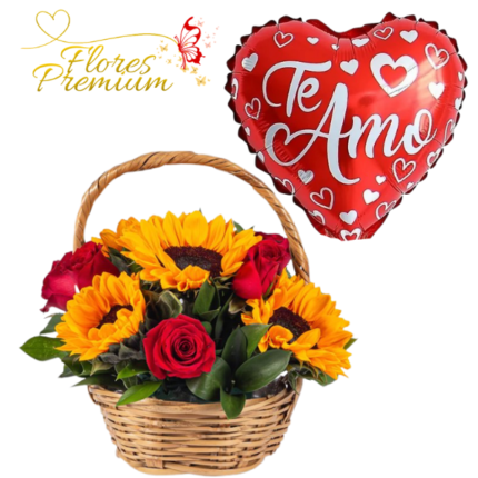 CANASTA DE 4 GIRASOLES, 4 ROSAS Y GLOBO