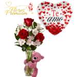 FLORERO DE 3 ROSAS, PELUCHE 20CM Y GLOBO