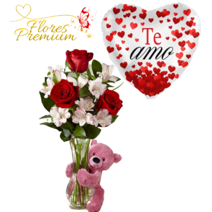 FLORERO DE 3 ROSAS, PELUCHE 20CM Y GLOBO