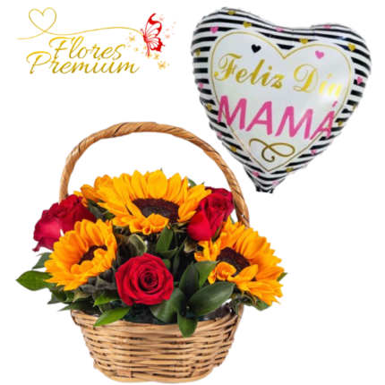 CANASTA DE 4 GIRASOLES, 4 ROSAS Y GLOBO