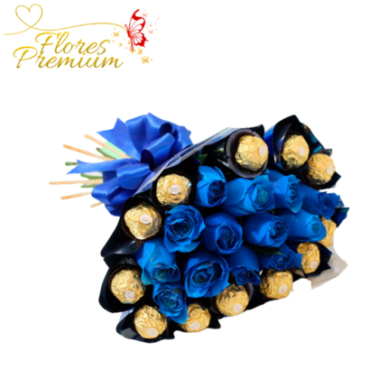 RAMO BOUQUET 12 ROSAS AZULES Y 12 BOMBONES