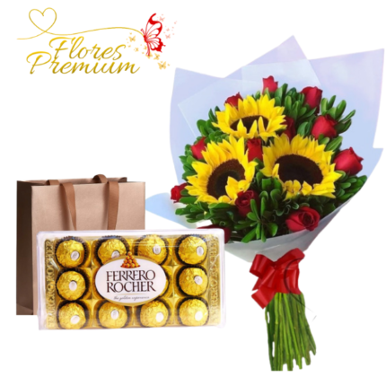 RAMO DE  12 ROSAS, 3 GIRASOLES Y BOMBONES FERREROS ROCHER 150GRS
