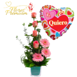 CUBO DE 4 ROSAS, 3 GERBERAS Y GLOBO