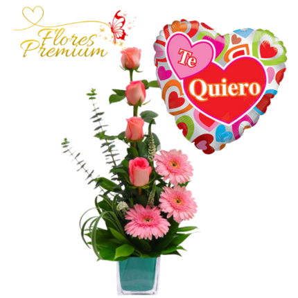 CUBO DE 4 ROSAS, 3 GERBERAS Y GLOBO