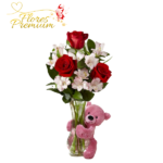 FLORERO DE 3 ROSAS, FOLLAJE Y PELUCHE DE 20CM