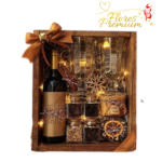 CAJA CUADRADA CON VINO, VASOS Y FRUTOS SECOS